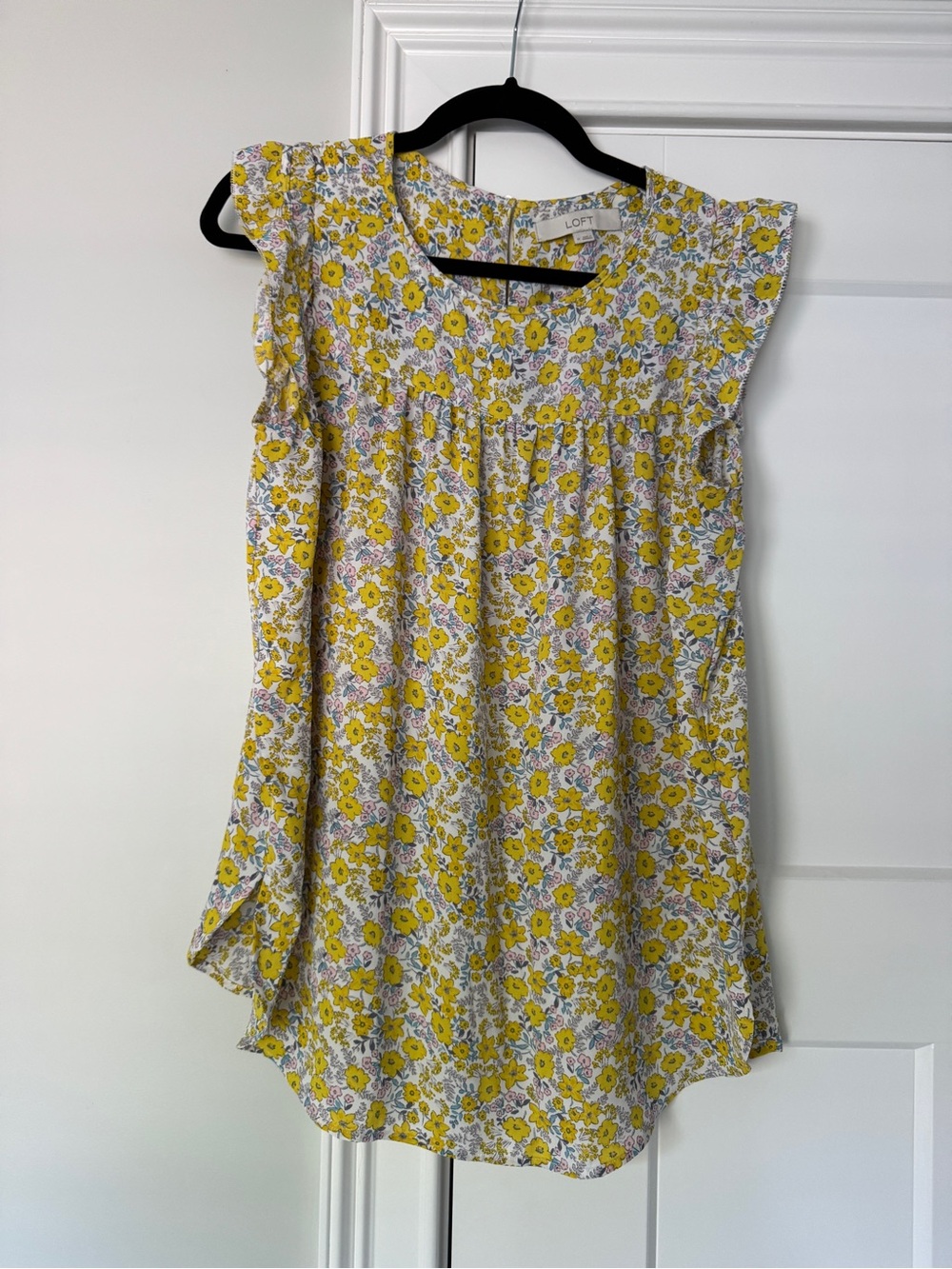 LOFT Yellow Floral Sleeveless Ruffle-Yoke Blouse